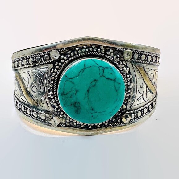 Vintage Kuchi Cuff Bracelet: Afghan Tribal Jewelry, Green Jasper Composite - Picture 3 of 5